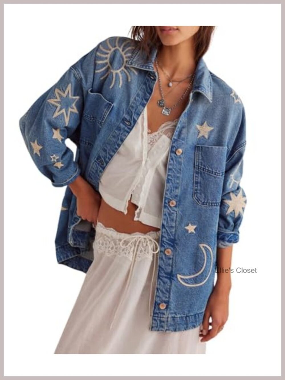 Women's Vintage Oversized Denim Jacket Embroidered Graphic Casual Loose Fit